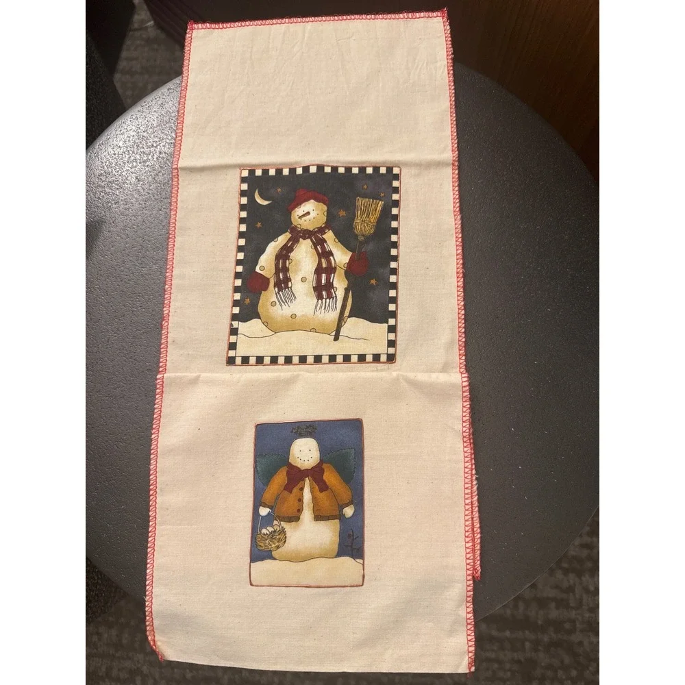 Primitive Snowman Folk Art Fabric Gift Food Bag Red Serged Edge Christmas 11x8